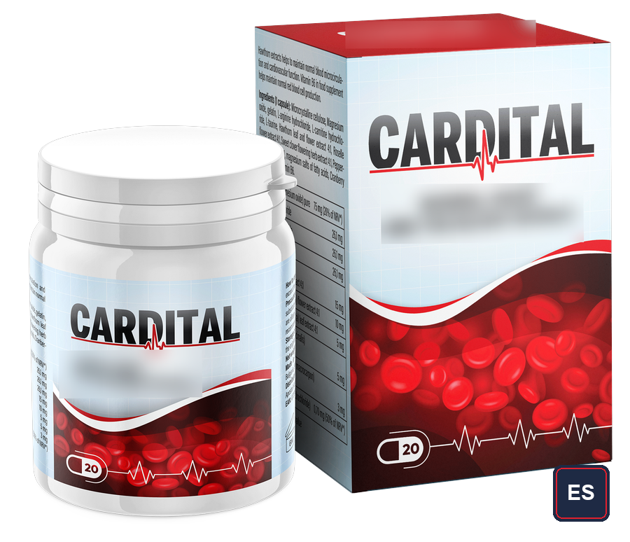 Cardital — estuche y bote blanco, 20 cápsulas; frase del frontal difuminada