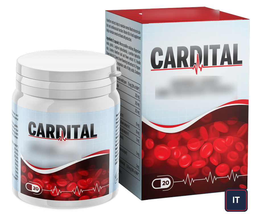 Cardital — astuccio e barattolo bianco, 20 capsule; scritta sul fronte sfocata