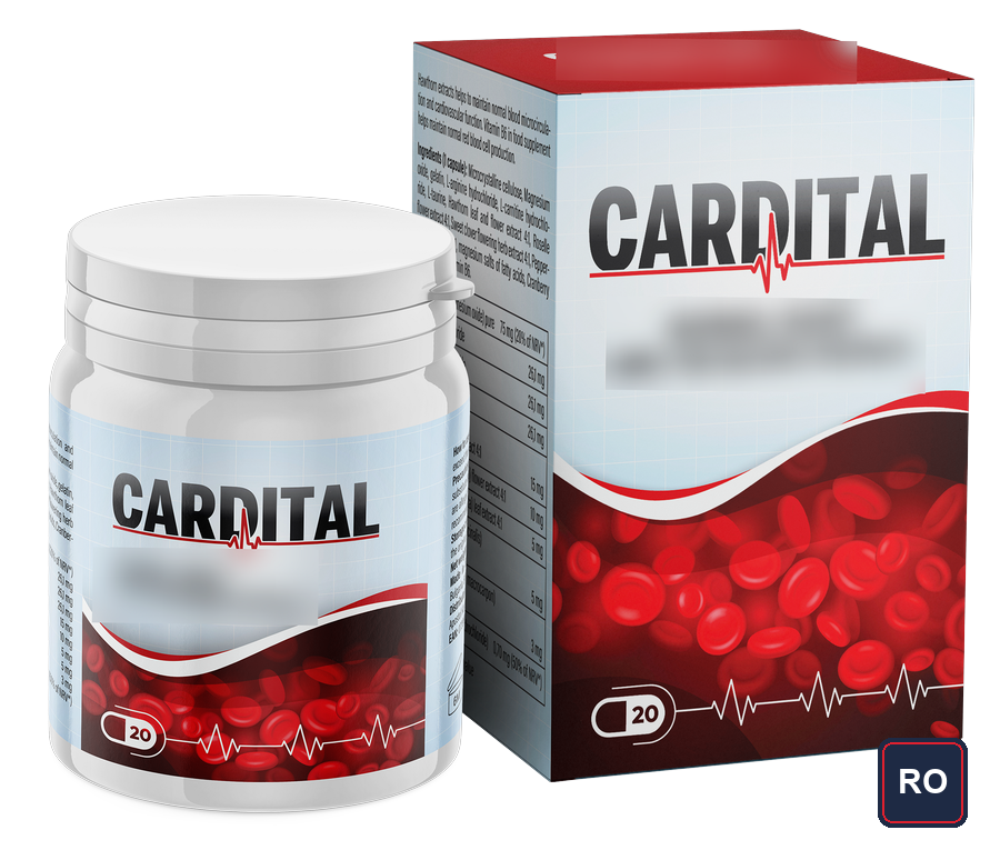 Cardital — cutie și flacon alb, 20 de capsule; fraza de pe față este estompată